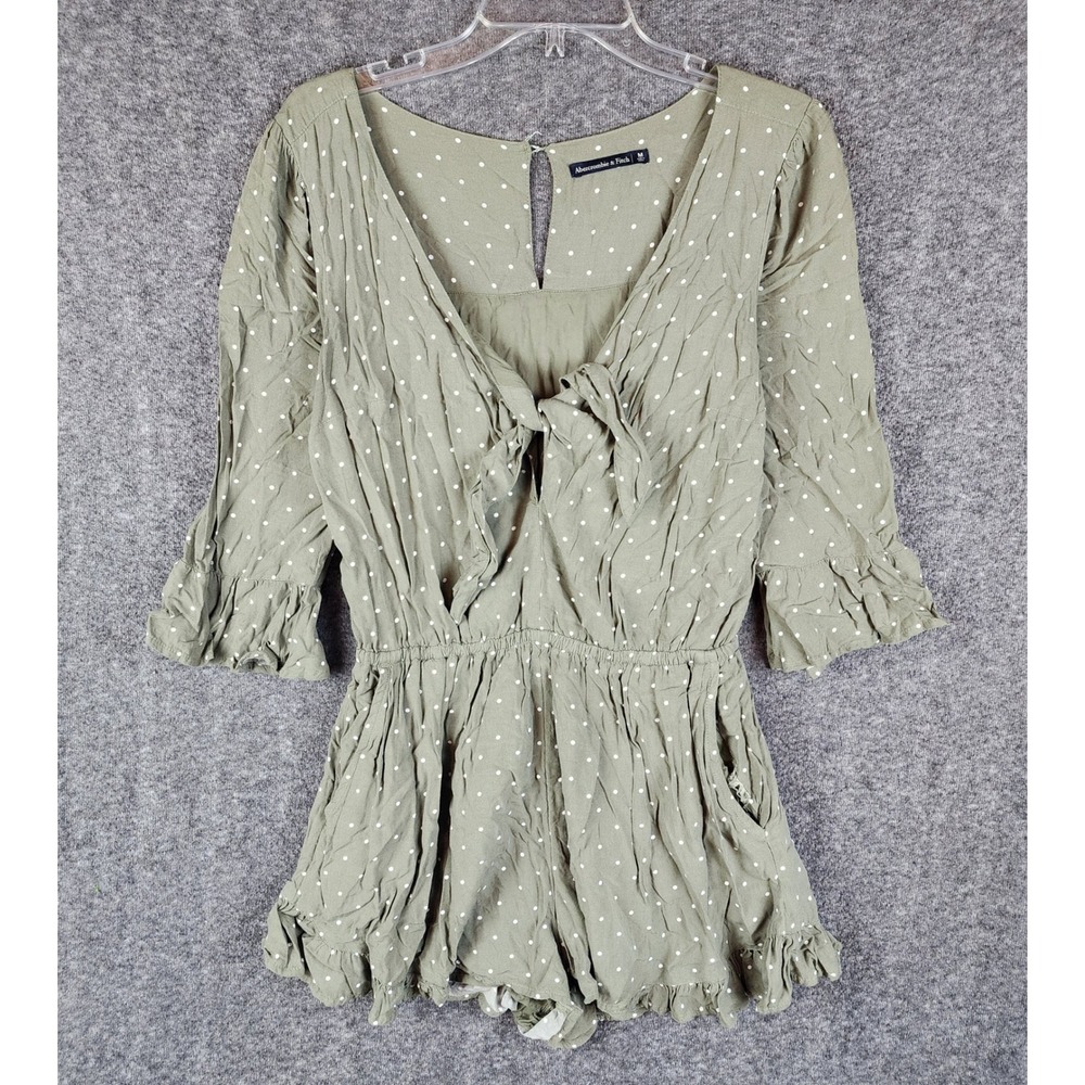 Abercrombie & Fitch Romper Womens M Green Polka Dot Tie Front Ruffle Hem GOOD